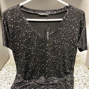 NWT Soft Maxi V Neck Dress Size Small Black w Iridescent Dots by Huskary